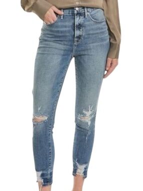 Good American Good Waist Crop Jeans Blue634 Distressed Skinny Raw Hem Size 0/25